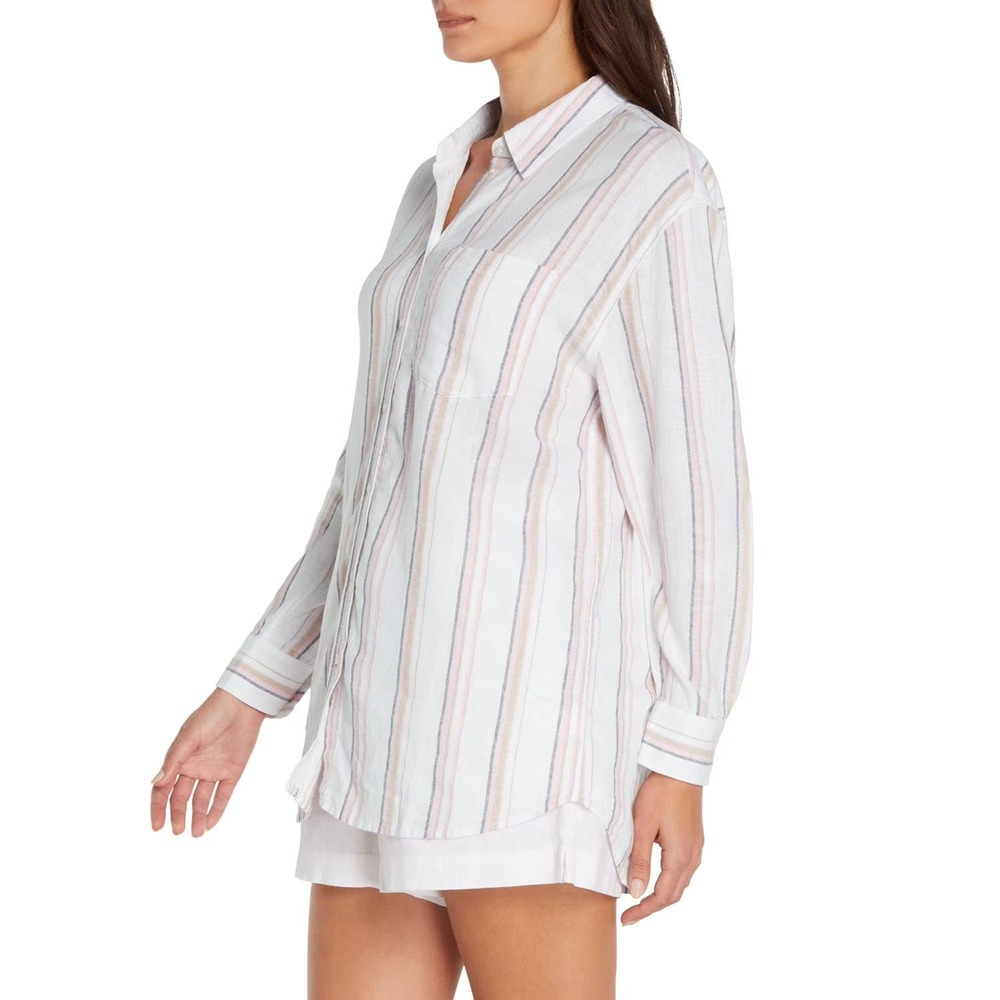 Gap Womens Linen Blend Button Down Shirt XL Multi Relaxed Fit Long Sleeve Stripe - Picture 4 of 8